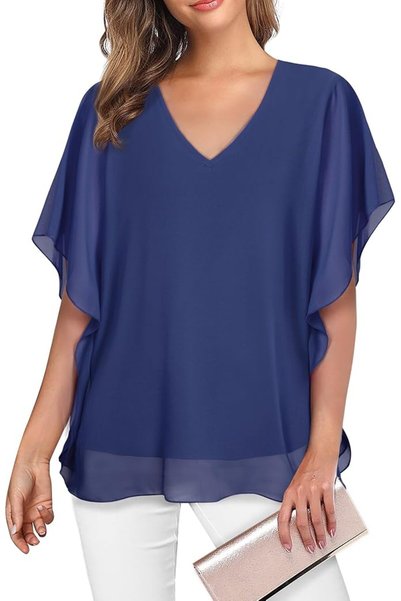 GENERAL Lotusmile Women's Loose Flouncing Flutter Sleeve Double-Layered Shirt...