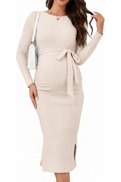GENERAL guruixu Crewneck Maternity Dress Ribbed Knit Short Sleeve Slim Fit Si...