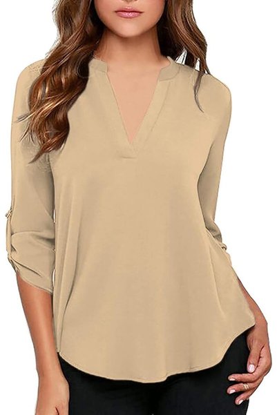GENERAL roswear Women's Business Casual V Neck Cuffed Sleeves Work Blouse Top