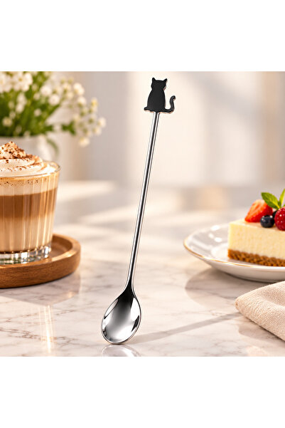 QesQin Hb Life Silver Color Cat Figured Long Drink Spoon 21 cm – Coffee, Latt...
