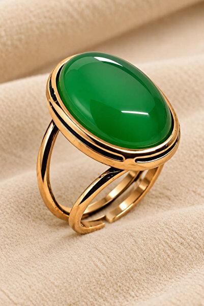 OSMANLI GÜMÜŞ Women's Copper Ring Oval Green Agate Natural Stone Adjustable B...