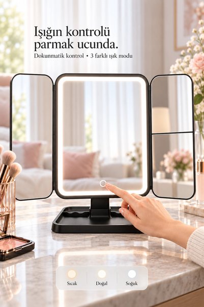 Tilbe Home LED Işıklı Makyaj Aynası Renkli Dokunmatik Büyüteçli Şarjlı Katlanabilir Masaüstü Stüdyo Ayna Siyah