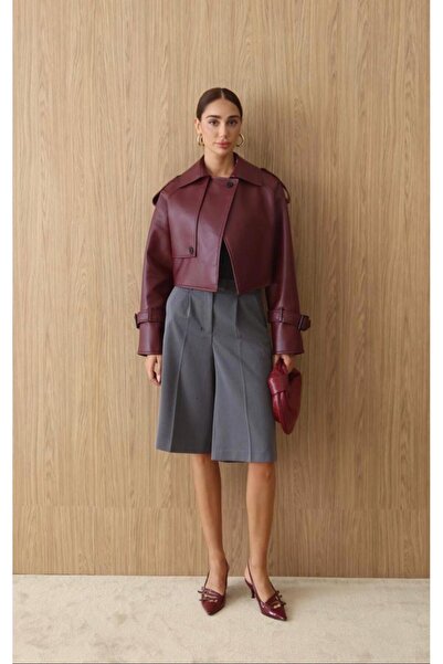 Ebrusqua Kadın Bordo Suni Deri Ceket Oversize Crop Biker Mont Şık Günlük Kombin