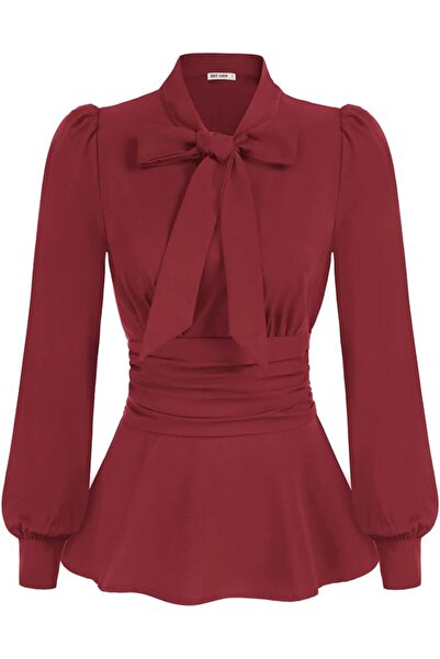 GRACE KARIN Women Flared Defined Waist Blouse OL Puffed Long Sleeve Bow-Knot ...