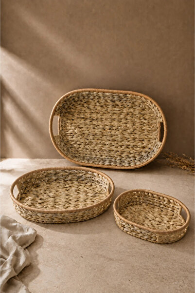 Tutku Home Serengeti 3'lü Oval Rattan & Hasır Tepsi
