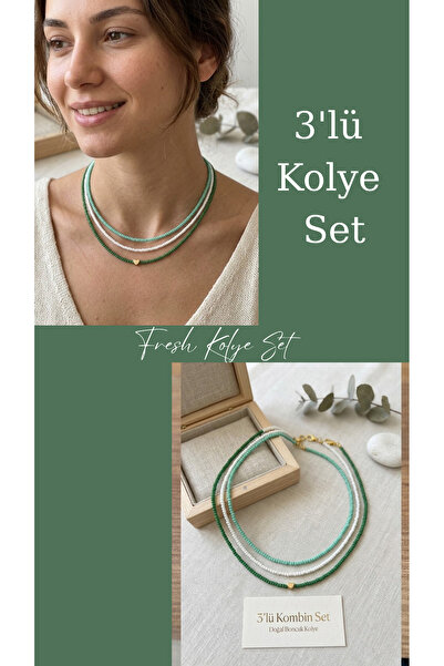 beePoint Fresh 3-Piece Glass Gold Heart Detail Bead Necklace Set (Green, Mint...