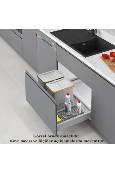 STARAX 90cm Çekmece İçi Taşınabilir Sepetli Manuel Çöp Kovası 24+3 Lt Gri 2 K...