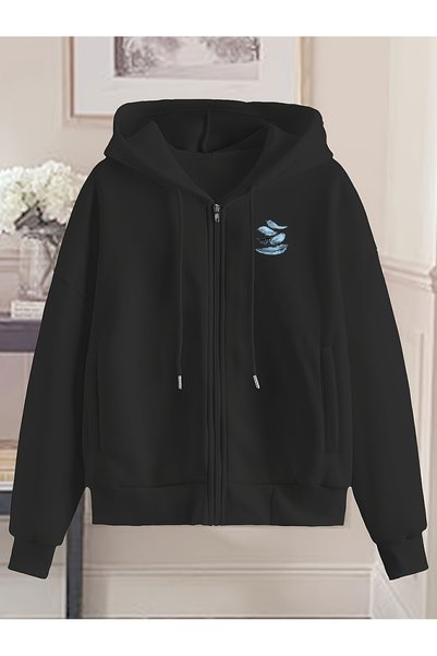 MITHRAS OUTDOORS Unisex Black Minimal Feather Printed Zippered Sweatshirt Pri...