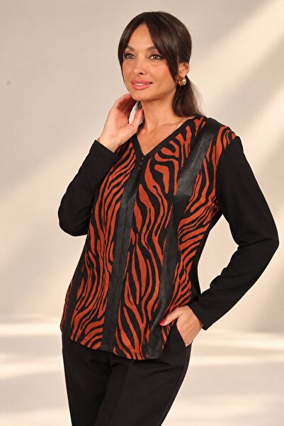 By Saygı Women's V-Neck Long Sleeve Blouse with Leather Detail on the Collar ...
