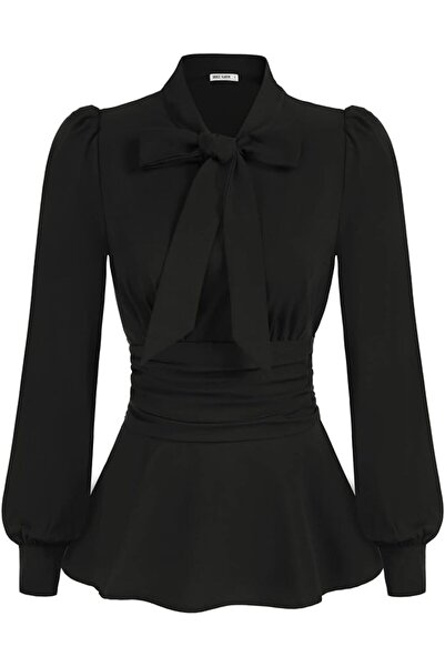 GRACE KARIN Women Flared Defined Waist Blouse OL Puffed Long Sleeve Bow-Knot ...