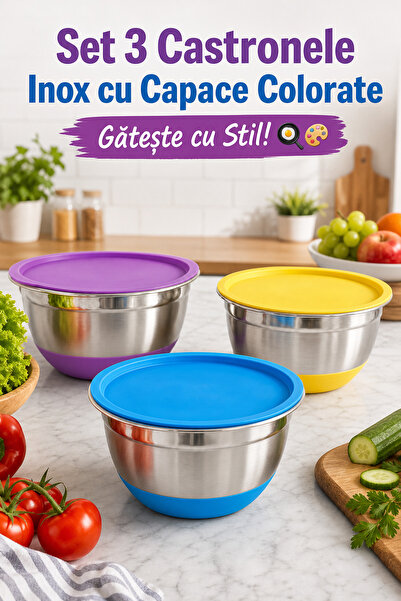 DeaL Set de 3 boluri Macvi cu capace, diametre 20-22-24 cm, multicolor
