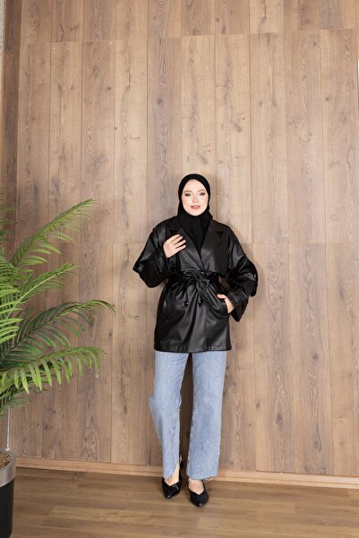 Dayfabric Kuşaklı Oversize Apoletli Deri Ceket | Siyah