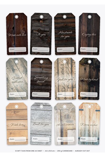 OEM Set 12 Etichete Cadou Proiect DIY, Text în Engleză, Carton 250g, 4.6x8.8 cm