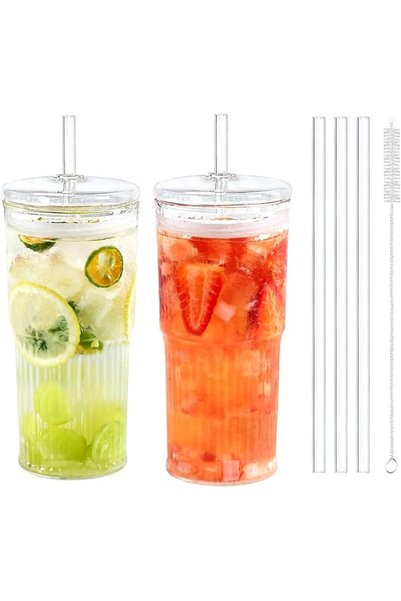 GENERAL Mikacoz Straw and Lid Tumbler Set, Made of Glass, 567g Capacity, Tran...