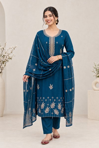 ViViRaSmi Women's Roman Fabric Embroidered Kurta with Pant and Jacquard Dupat...