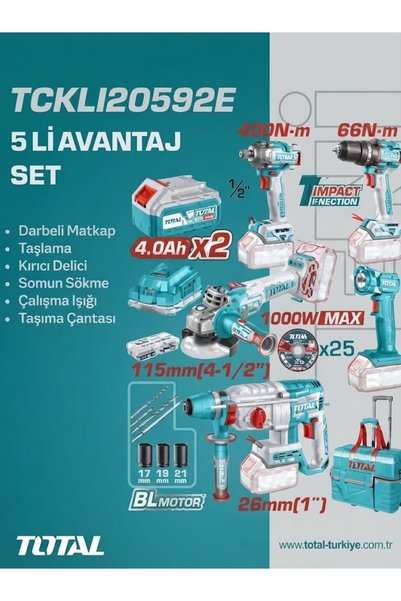 TOTAL P20S 5'li Kömürsüz Profesyonel Akülü Makine Seti / Çanta Kombinasyonu (...