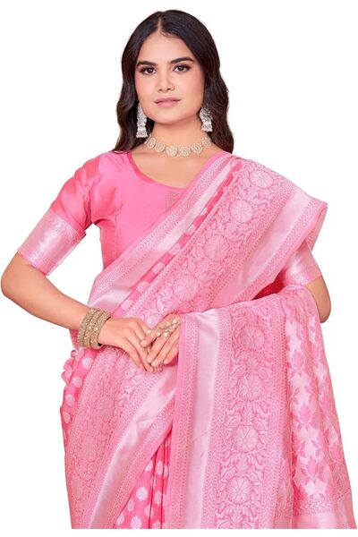 Glory Sarees ساري حرير جاكار نسائي من كانشيبورام (kara115pastelpink_وردي فاتح)