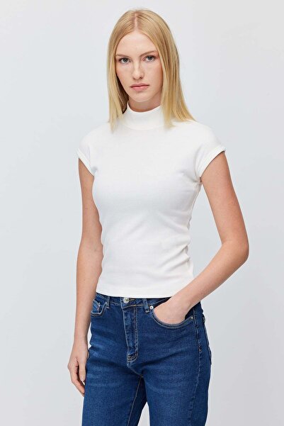 PAULMARK Women's High Neck Ribbed Short Sleeve Blouse