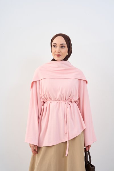 LOCCO Women's Asymmetrical Cut Shawl Detail Waist Tie Tunic Pink
