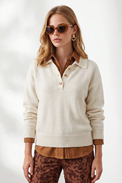 Olalook Women's Ecru Polo Collar Buttoned Soft Textured Knitwear Sweater Kzk-...