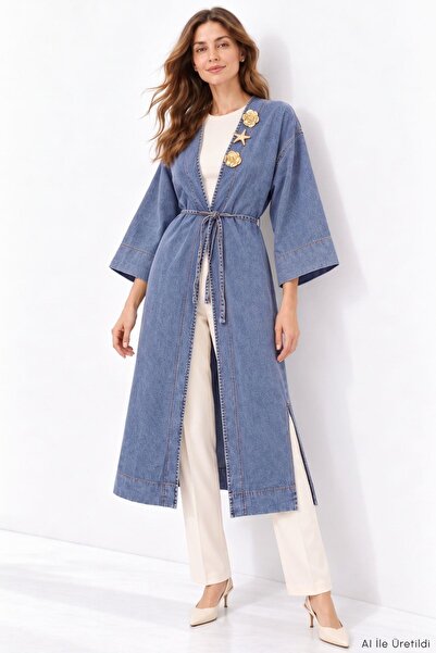 Rays Kimono lung din denim cu detalii de scoici 3530 Albastru deschis