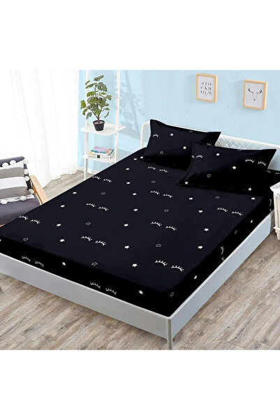 decorami Stretchy Sheet, 180x200 cm + 2 Pillowcases 50x70 cm, Black, Eyelashes