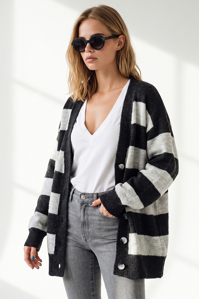 Olalook Women's Anthracite Gray Thick Striped Long Knitwear Cardigan Hrk-1900...