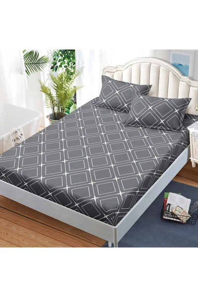 decorami Stretchy Sheet, 180x200 cm + 2 Pillowcases 50x70 cm, Grey, diamonds