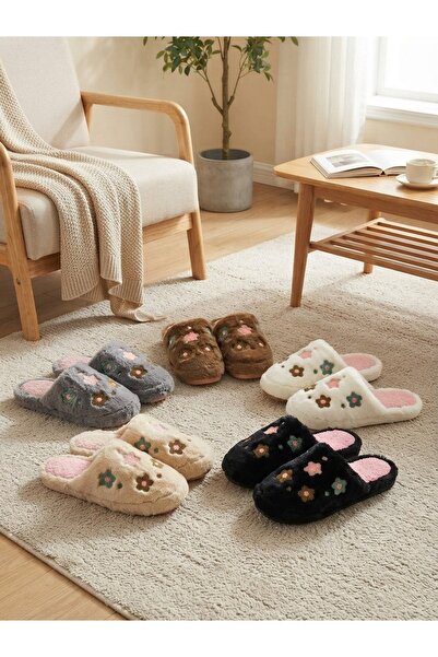 SWORD Floral Patterned Women's House Slippers |   Wool Plush Slippers |   Embroidered Half-Closed Lightweight Non-Slip Sole
