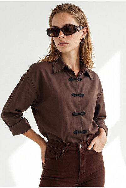 Olalook Women's Brown Contrast Chinese Button Gabardine Shirt Gml-19001462