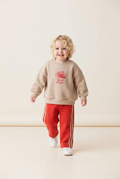 BOBBY JR KİDSWEAR Bobby Jr Ki̇ds Children's Beige Printed Sweatshirt and Side Striped Sweatpants 2-Piece Set