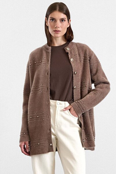 Olcay Pearl Detailed Soft Fabric Knitwear Cardigan Vi̇zon 8296