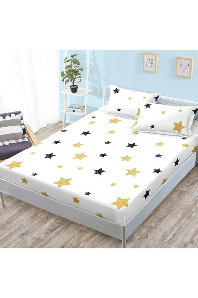 decorami Cearsaf cu Elastic, 180x200 cm + 2 Fete de Perna 50x70 cm, Alb, Stelute