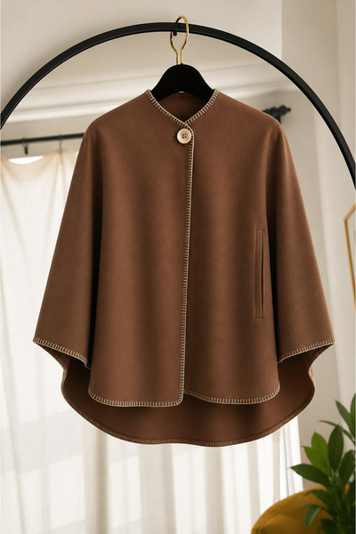 Hepsi Moda Çoban Dikiş Detaylı Panço - 0018 - Camel