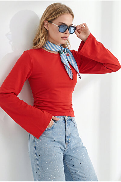 Olalook Women's Red Crew Neck Drape Detailed Spanish Sleeve Blouse Blz-19003468