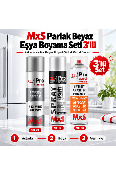 Buzdolabı Yenileme Boya Seti 3’lü – Astar + RAL 9003 Parlak Beyaz + Şeffaf Parlak Vernik