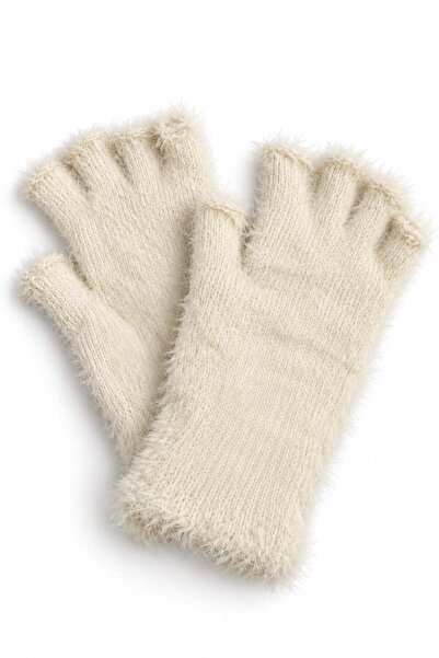 Juuuj Cream Plush Textured Soft Knitted Flexible Form Half Finger Cut-Out Det...