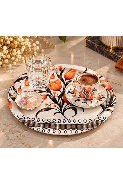 LeylArt Set of 2 24 cm Tulip Patterned Serving Trays Orange Floral Decorative Presentation Tray