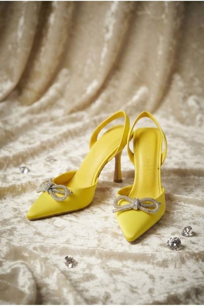 ShoeTek Noya Women's Heeled Shoes Thin Heel Bow Stone Yellow Satin