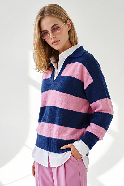 Olalook Women's Navy Blue Pink Polo Collar Thick Striped Knitwear Sweater Kzk...