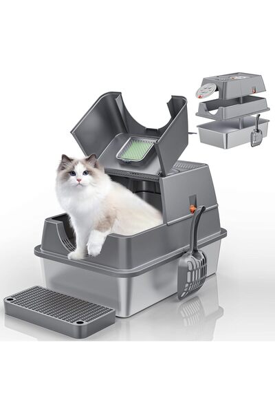 Generic Stainless Steel Cat Litter Box with Lid, Flip-Top Extra Large Cat Lit...
