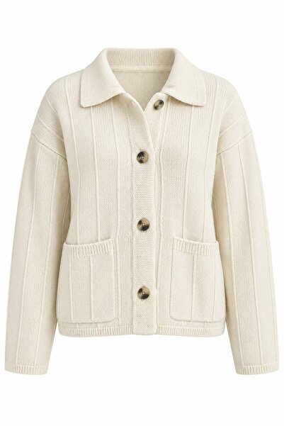 Laluvia Ecru Large Pocket Buttoned Cardigan - 2Y9011