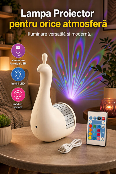 DeaL Teno ®   Lampă proiector model păun, alimentată prin USB, albă