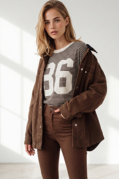 Olalook Women's Brown Printed Sweatshirt with Arma Detail and Cotton Stripes ...