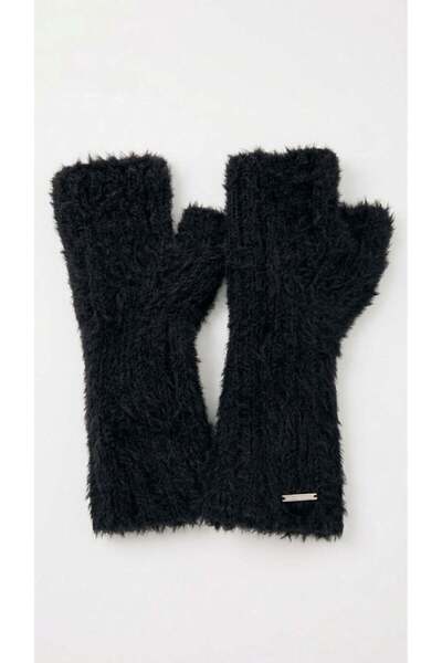 Juuuj Black Plush Soft Textured Fingerless Cut-Out Knitted Gloves with Metal ...