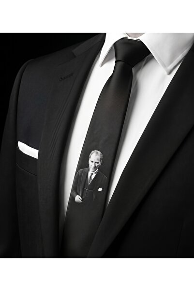 Elegante Cravatte Black and White Men's Tie with Ataturk Portrait (7 cm) - Sp...