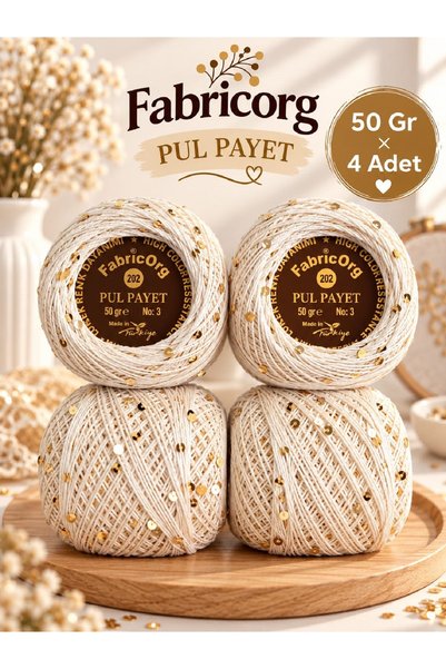 fabricorg Pul Payet Örgü ve Tığ İşi İpliği No:3 50 gr x 4 ADET - 201 Krem / A...