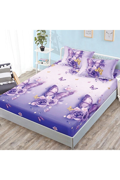 decorami Cearsaf cu Elastic, 160x200 cm + 2 Fete de Perna 50x70 cm, Mov, fluturi