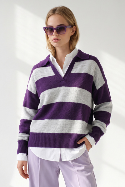 Olalook Women's Purple Gray Polo Collar Thick Striped Knitwear Sweater Kzk-19...