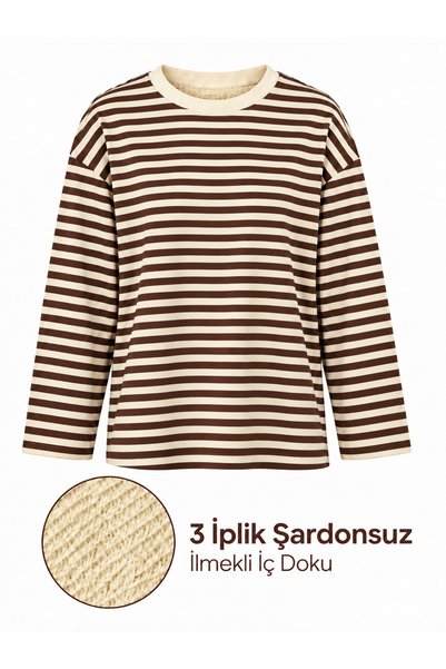 peri tower Women's Striped Crew Neck Casual 3 Thread Non-Embellished Sweatshirt 0267